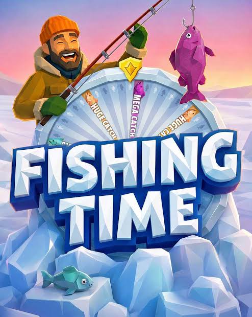 Poster ng Fishing Time: mangingisda sa yelo at gulong ng huli